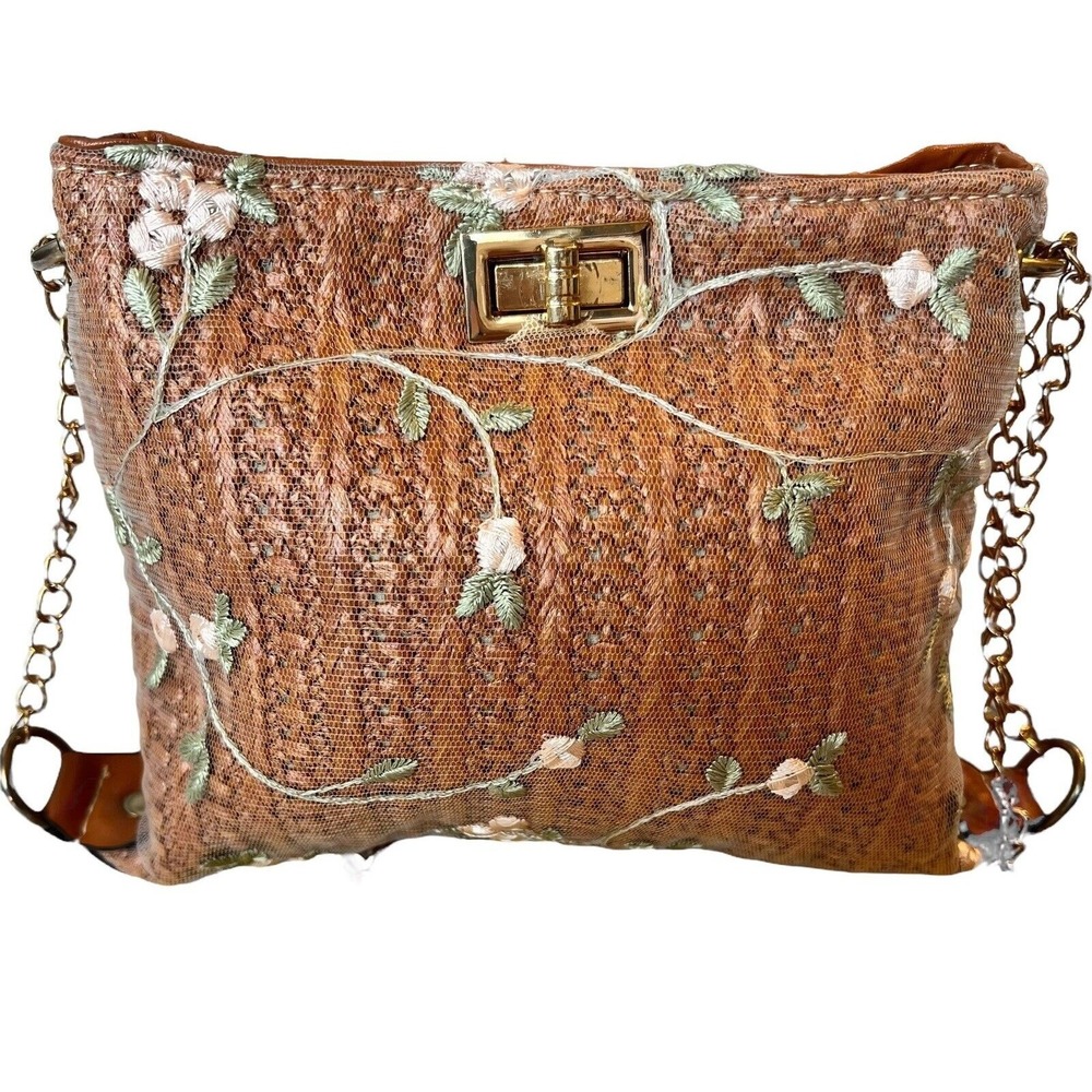 Floral‎ Lace Straw Crossbody Bag Small Gold Chain Strap Boho Garden Party Fairy